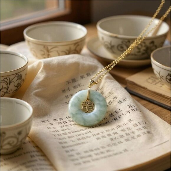 Dynasty Jade 18k Gold Over Sterling Silver Dragon Circle Jade Pendant 18" Chain - Picture 1 of 15